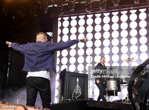 Musicians Macklemore and Ryan Lewis perform at the Capital One JamFest during the NCAA March Madness Music Festival 2017 on April 2, 2017 in Phoenix,...