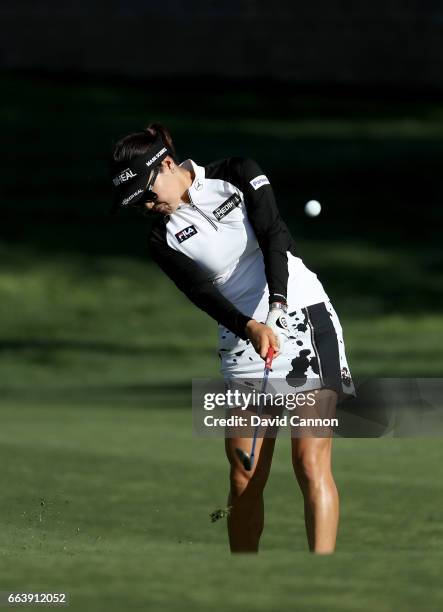 So Yeon Ryu of South Korea plays her second shot on the 15th hole during the final round of the 2017 ANA Inspiration held on the Dinah Shore...