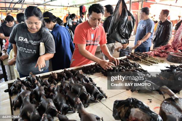 This picture taken on February 18, 2017 shows a vendor arranging bat meat in Tomohon market in northern Sulawesi. Authorities and activists are...