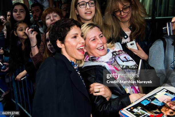 Jasmin Gerat attends the 'Die Schluempfe - Das verlorene Dorf' Berlin Premiere at Sony Centre on April 2, 2017 in Berlin, Germany.