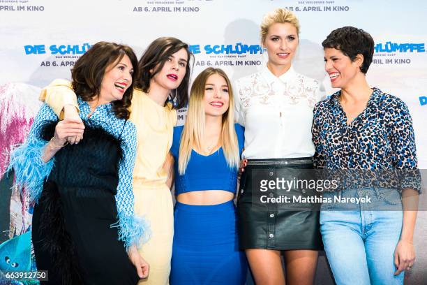 Iris Berben, Nora Tschirner, Bianca Heinicke, Lena Gercke and Jasmin Gerat attend the 'Die Schluempfe - Das verlorene Dorf' Berlin Premiereat Sony...