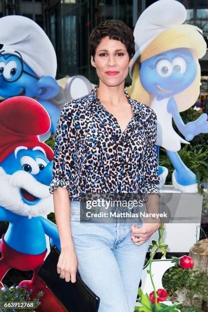 Jasmin Gerat attends the 'Die Schluempfe - Das verlorene Dorf' Berlin Premiere at Sony Centre on April 2, 2017 in Berlin, Germany.