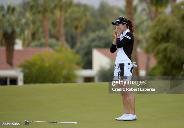 So Yeon Ryu of South Korea celebrates after winning the ANA Inspiration on the Dinah Shore Tournament Course at Mission Hills Country Club on April...