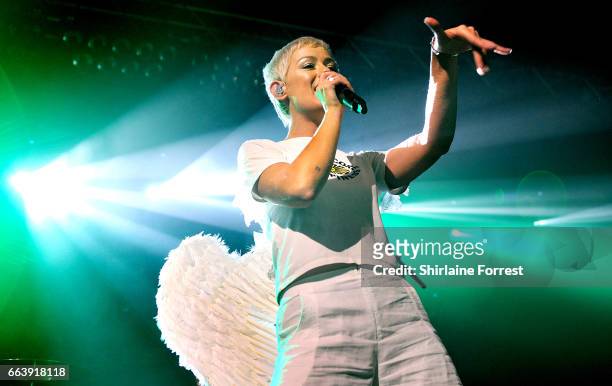 Jenna McDougall of Tonight Alive opens for You Me At Six at Manchester Academy on April 2, 2017 in Manchester, United Kingdom.
