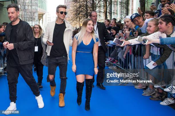 Bianca 'Bibi' Heinicke and Julian Classen attend the 'Die Schluempfe - Das verlorene Dorf' Berlin Premiere at Sony Centre on April 2, 2017 in Berlin,...