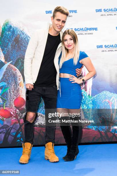 Bianca 'Bibi' Heinicke and Julian Classen attend the 'Die Schluempfe - Das verlorene Dorf' Berlin Premiere at Sony Centre on April 2, 2017 in Berlin,...