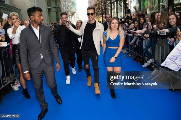 Bianca 'Bibi' Heinicke and Julian Classen attend the 'Die Schluempfe - Das verlorene Dorf' Berlin Premiere at Sony Centre on April 2, 2017 in Berlin,...