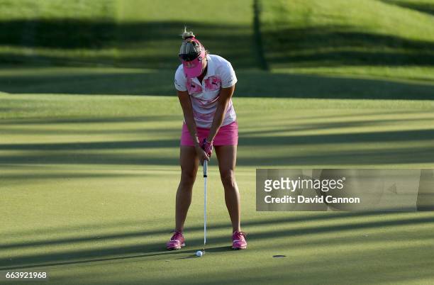 Lexi Thompson holes out from 18 inches for par on the 17th hole during the third round of the 2017 ANA Inspiration held on the Dinah Shore Tournament...
