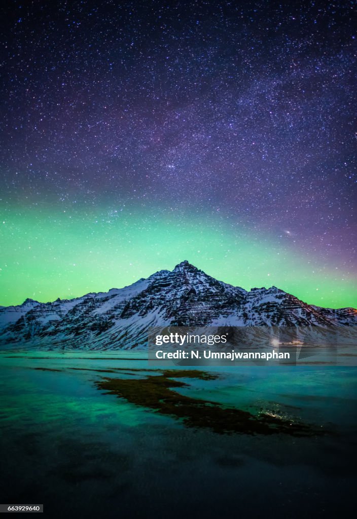 Snowy mountain with the aurora and milky way in Southern Iceland