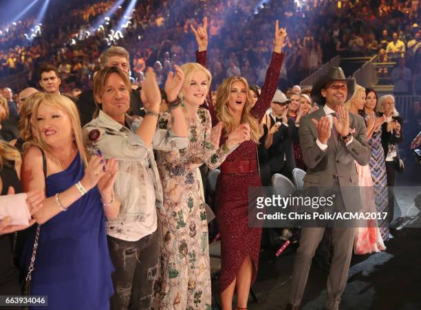 Singer Keith Urban, actor Nicole Kidman, singer Faith Hill and singer Tim McGraw attend the 52nd Academy Of Country Music Awards at T-Mobile Arena on...