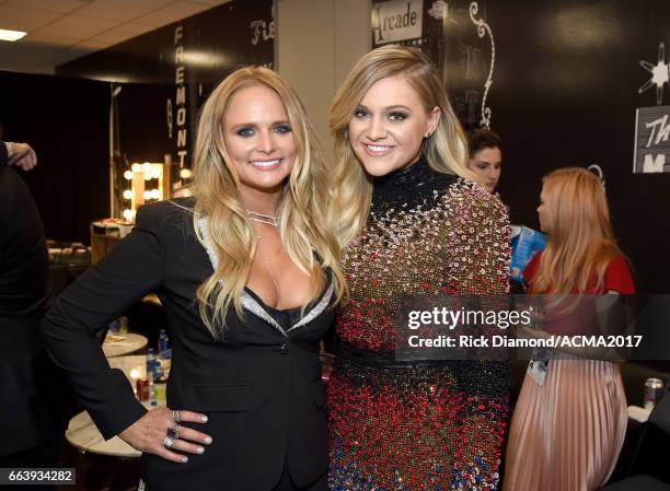 Singer-songwriter Miranda Lambert and singer Kelsea Ballerini attend the 52nd Academy Of Country Music Awards at T-Mobile Arena on April 2, 2017 in...