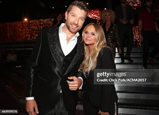 Singer-songwriter Brett Eldredge and singer Miranda Lambert attend the 52nd Academy Of Country Music Awards at T-Mobile Arena on April 2, 2017 in Las...