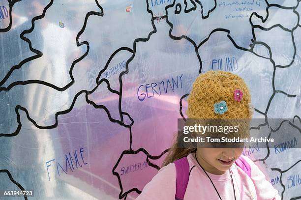 Map of Europe on display at the Moria Camp in Lesbos, Greece, where refugees wait to be registered by the authorities so they can board a ferry to...