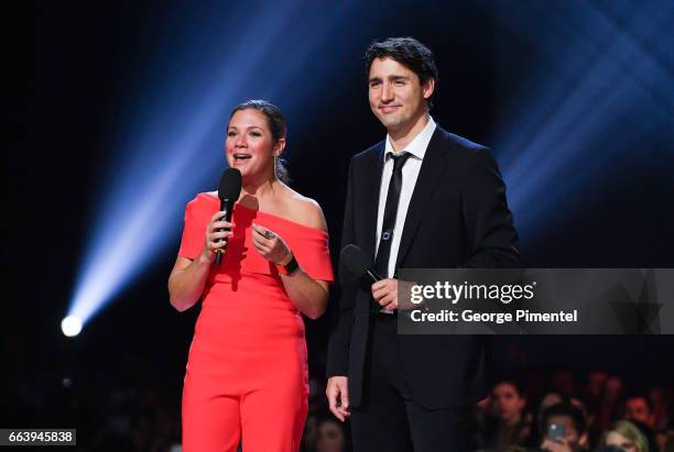 Sophie Gregoire Trudeau and Prime Minister of Canada Justin Trudeau speak at the 2017 Juno Awards at Canadian Tire Centre on April 2, 2017 in Ottawa,...