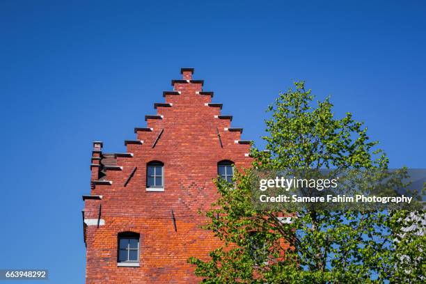 roof & tree against blue sky - gable stock pictures, royalty-free photos & images
