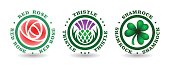 Collection of round logotypes with rose, thistle, shamrock. National symbols of England, Scotland, Ireland