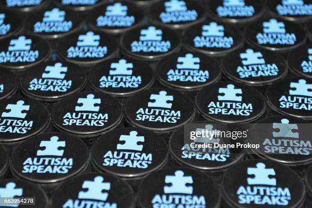 Autism Speaks Light It Up Blue hockey pucks at Nationwide Arena on April 2, 2017 in Columbus, Ohio.