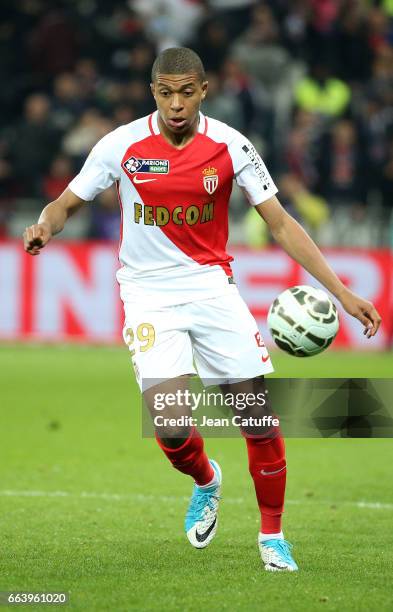 Kylian Mbappe of Monaco during the French League Cup final between Paris Saint-Germain and AS Monaco at Parc OL on April 1, 2017 in Lyon, France.