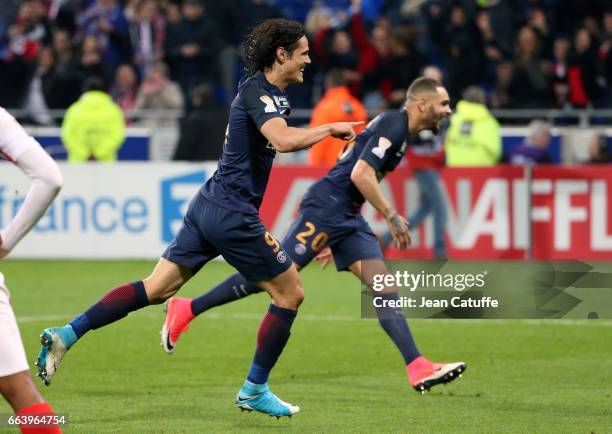 Edinson Cavani of PSG celebrates his second goal with Layvin Kurzawa during the French League Cup final between Paris Saint-Germain and AS Monaco at...