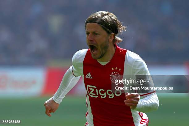 Lasse Schone of Ajax celebrates scoring his teams first goal of the game during the Dutch Eredivisie match between Ajax Amsterdam and Feyenoord at...