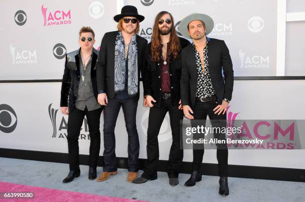 Musicians Bill Satcher, Michael Hobby, Graham DeLoach, and Zach Brown of A Thousand Horses arrive at the 52nd Academy Of Country Music Awards on...