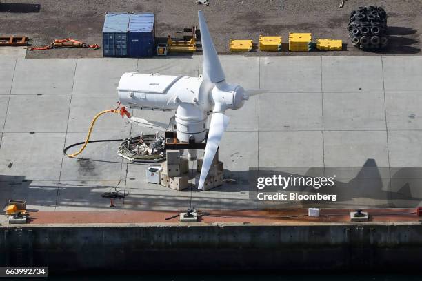 Tidal energy turbine, to be used on Atlantis Resources Ltd.'s MeyGen tidal energy project, sits on the dockside at Nigg Energy Park at Nigg, U.K., on...