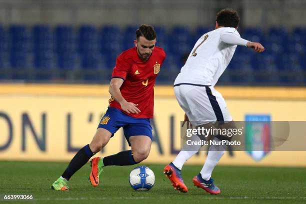 Borja Mayoral of Spain U21 compete for the ball with Davide Calabria of Italy U21 during the International Friendly Under 21 - Italia v Spagna, at...