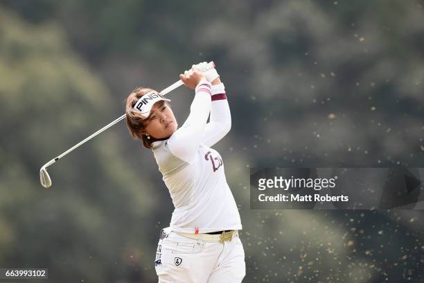 Ai Suzuki of Japan plays her approach shot on the third hole during the final round of the YAMAHA Ladies Open Katsuragi at the Katsuragi Golf Club...