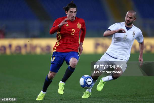 Hector Bellerin of Spain U21 compete for the ball with Davide Biraschi of Italy U21 during the International Friendly Under 21 - Italia v Spagna, at...
