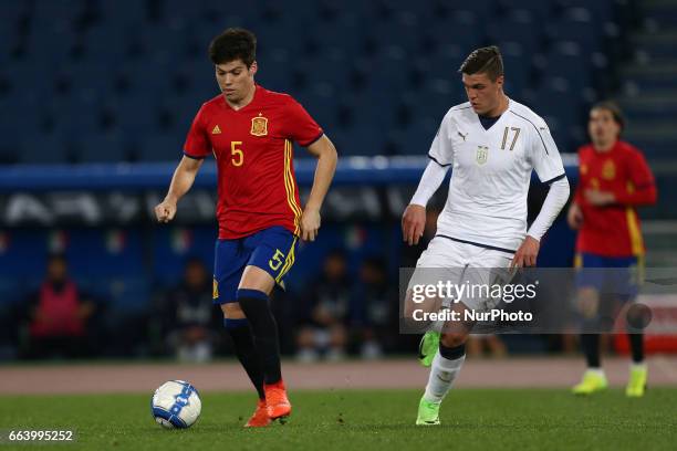 Andrea Favilli of Italy U21 compete for the ball with Jorge Merè of Spain U21 during the International Friendly Under 21 - Italia v Spagna, at...