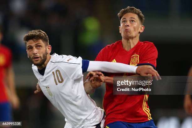 Domenico Berardi of Italy U21 compete for the ball with Marcos Llorente of Spain U21 during the International Friendly Under 21 - Italia v Spagna,...