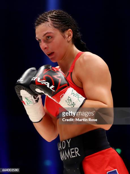 Christina Hammer of Germany in action against Maria Lindberg of Sweden during their WBC middleweight World Championship title fight at Westfalenhalle...