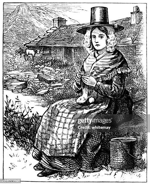 illustrazioni stock, clip art, cartoni animati e icone di tendenza di donna gallese che lavora a maglia fuori da un cottage (incisione vittoriana) - cultura gallese