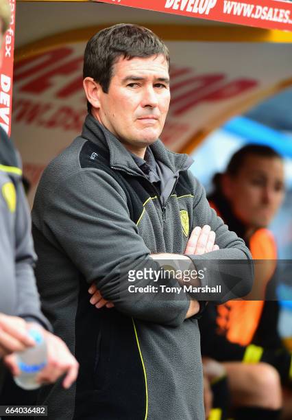 Nigel Clough, Manager of Burton Albion stands in the dug out during the Sky Bet Championship match between Huddersfield Town and Burton Albion at the...