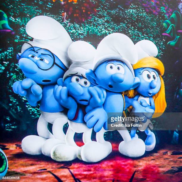 Smurf poster during the 'Die Schluempfe - Das verlorene Dorf' premiere at Sony Centre on April 2, 2017 in Berlin, Germany.