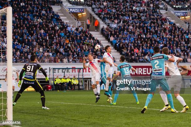 Goalkeeper Lovre Kalinic of KAA Gent, Ruud Vormer of Club Brugge, Nana Asare of KAA Gent, Jelle Vossen of Club Brugge, Stefan Mitrovic of KAA Gent,...