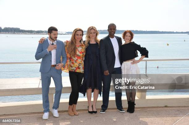 Dimitri Leonidas, Lena Olin, Julia Stiles, Adrian Lester and Roxan Duran attend the 'Riviera' photocall during the MIP TV 2017 on April 2, 2017 in...