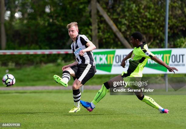 Callum Williams of Newcastle passes the ball during the Premier League Cup between Newcastle United and Reading at Whitley Park on April 3, 2017 in...