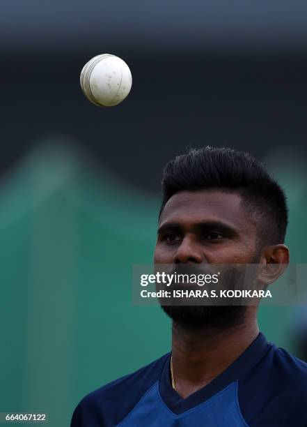 Sri Lankan cricketer Isuru Udana during a practice session at The R.Premadasa stadium in Colombo on April 3, 2017. Bangladesh and Sri Lanka are...