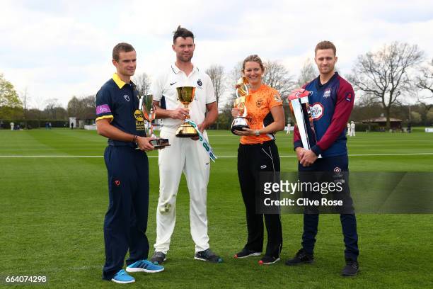 Josh Poysden of Warwickshire, James Franklin of Middlesex, Charlotte Edwards and Graeme White of Northants pose during the ECB 2016 County Cricket...