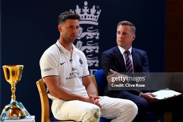 James Franklin of Middlesex speaks during the ECB 2016 County Cricket Season Media Launch at Old Merchant Taylors' School on April 3, 2017 in...