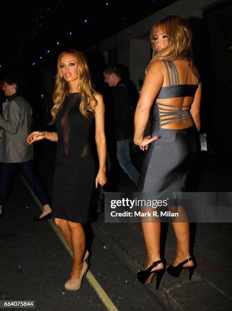 Lauren Pope and Lauren Goodger depart the Mayfair Hotel after attending the UK Premiere of 'Real Steel' on September 14, 2011 in London, England.