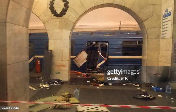 Picture shows the damaged train carriage at Technological Institute metro station in Saint Petersburg on April 3, 2017. Around 10 people were feared...