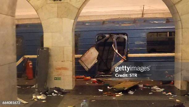 Picture shows the damaged train carriage at Technological Institute metro station in Saint Petersburg on April 3, 2017. Around 10 people were feared...