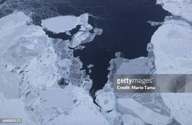 Sea ice is seen from NASA's Operation IceBridge research aircraft off the northwest coast on March 30, 2017 above Greenland. NASA's Operation...