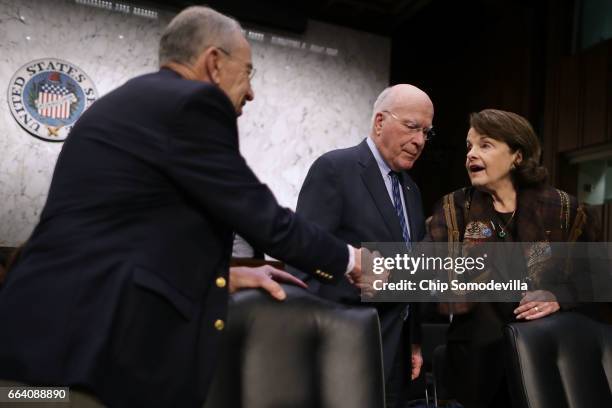 Senate Judiciary Committee Chairman Charles Grassley , Sen. Patrick Leahy and ranking member Sen. Dianne Feinstein greet one another before an...