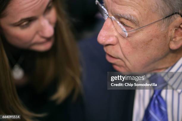 Senate Judiciary Committee Chairman Charles Grassley talks with committee staff before the start of an executive business meeting to debate and vote...