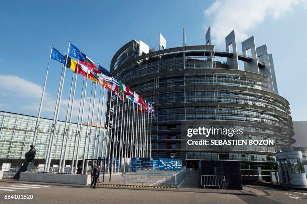 Flags of the member states fly in front of the building of the European parliament in Strasbourg, eastern France, on April 3, 2017.