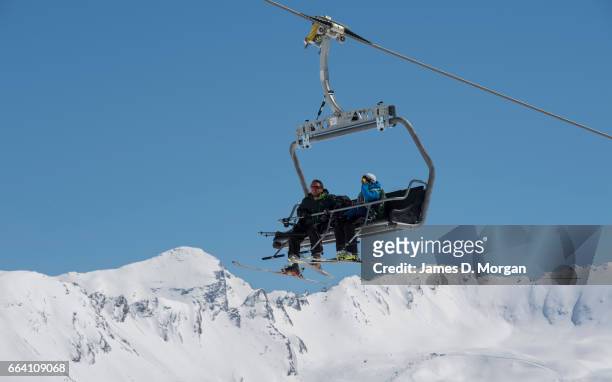 Ski-tourists enjoy magnificent conditions on April 3, 2017 in Val D'Isere, France. Thousands of British tourists have headed for the late spring snow...