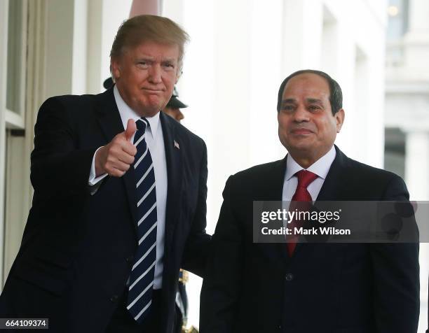 President Donald Trump welcomes Egyptian President Abdel Fattah Al Sisi during his arrival at the West Wing of the White House on April 3, 2017 in...